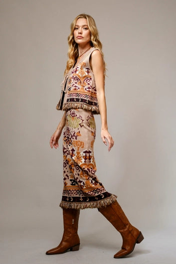 BLUE B Ethnic Knit Fringe Midi Skirt