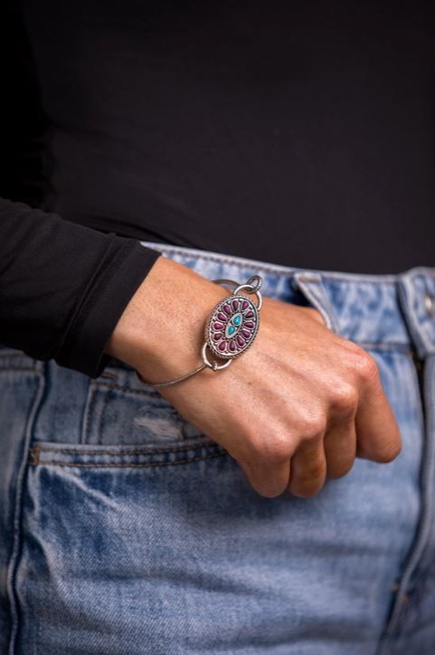 ABCO Burnished Silver Rope Wire Bracelet with Turquoise and Plum Cluster Concho Accent