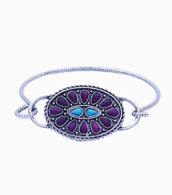 ABCO Burnished Silver Rope Wire Bracelet with Turquoise and Plum Cluster Concho Accent