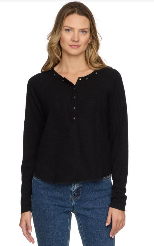 FLAG & ANTHEM Cambria Embroidered Waffle Henley Long Sleeve Top