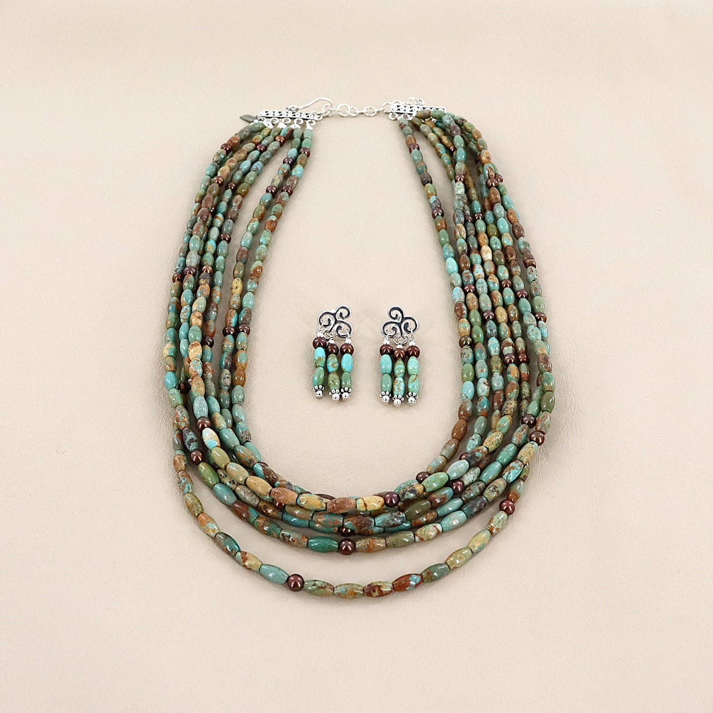 PAIGE WALLACE 7 Strands Green Turquoise Tubes With Small Brown Rice Pearls Necklace