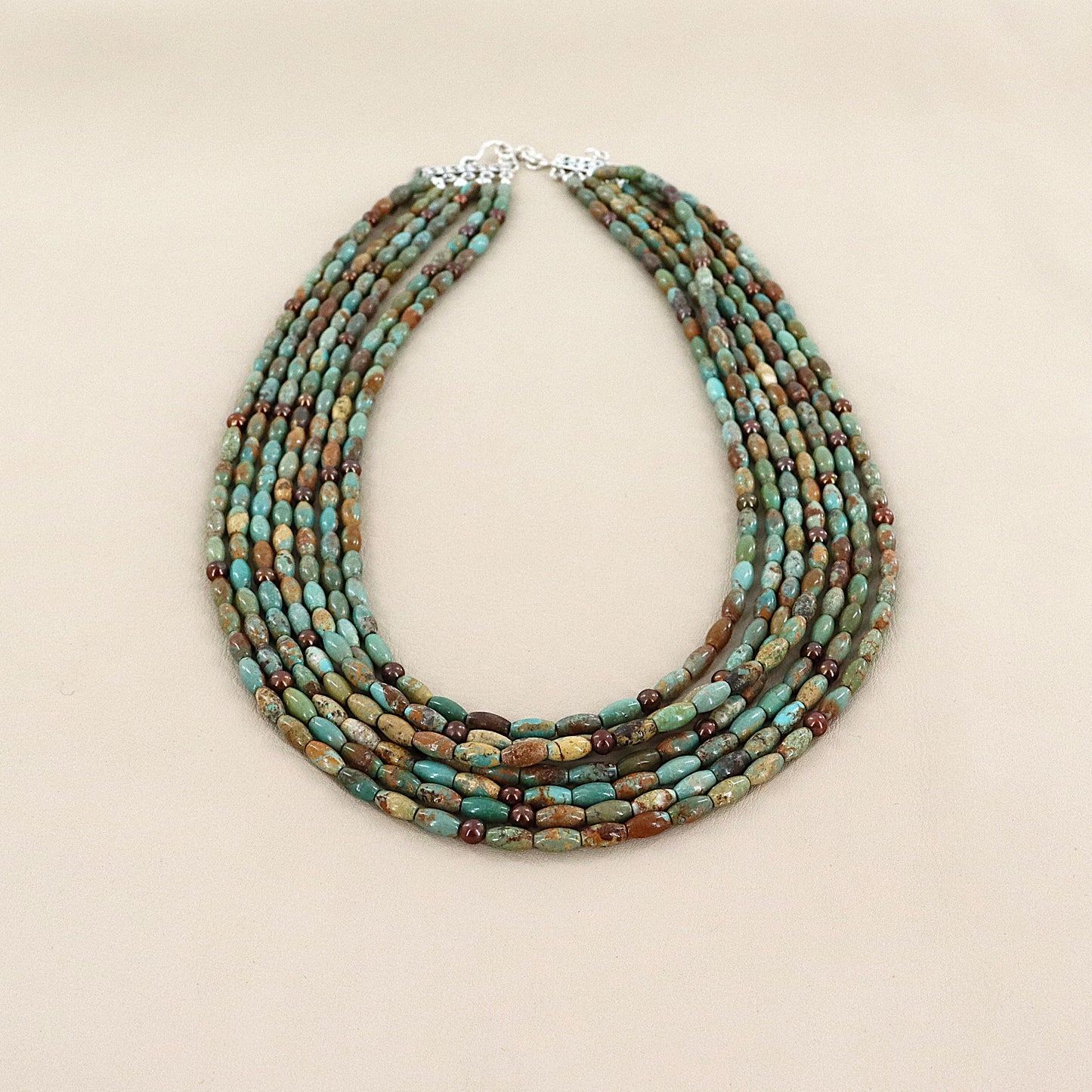 PAIGE WALLACE 7 Strands Green Turquoise Tubes With Small Brown Rice Pearls Necklace