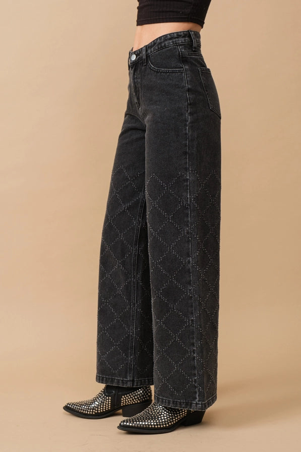 BLUE B Distressed Quilted Slash Wide Leg Mid Rise Denim Jeans
