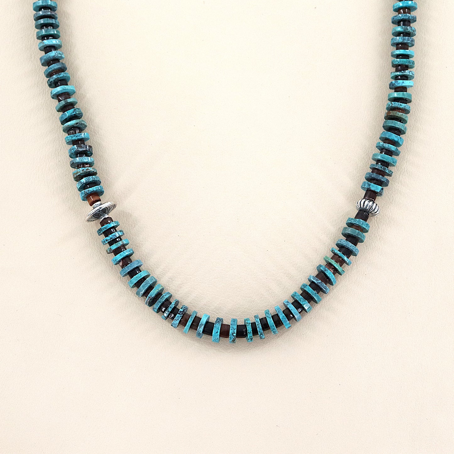 PAIGE WALLACE Heishi Neck 30" Necklace Turquoise Disk With Shell
