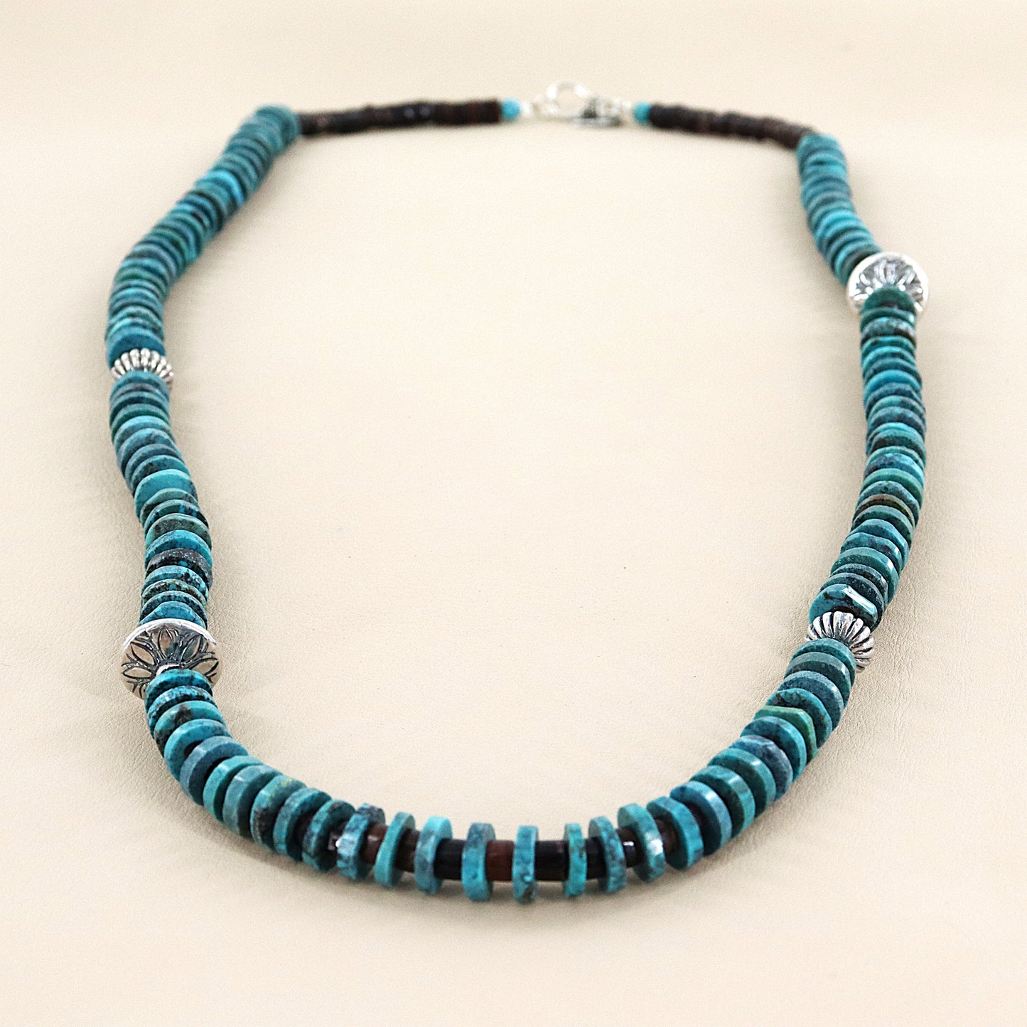 PAIGE WALLACE Heishi Neck 30" Necklace Turquoise Disk With Shell