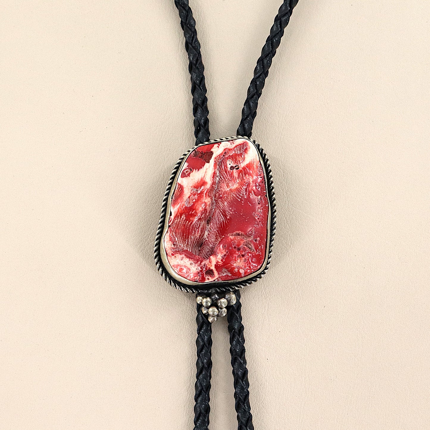 PAIGE WALLACE Coral Norean & Zebra Braided Leather Bolo Tie
