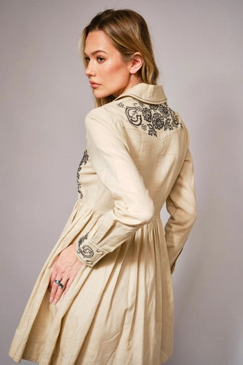 BLUE B Embroidered Long Sleeve Linen Dress
