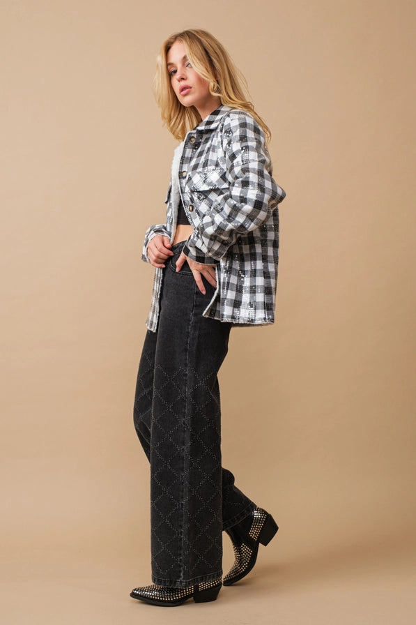 BLUE B Distressed Quilted Slash Wide Leg Mid Rise Denim Jeans