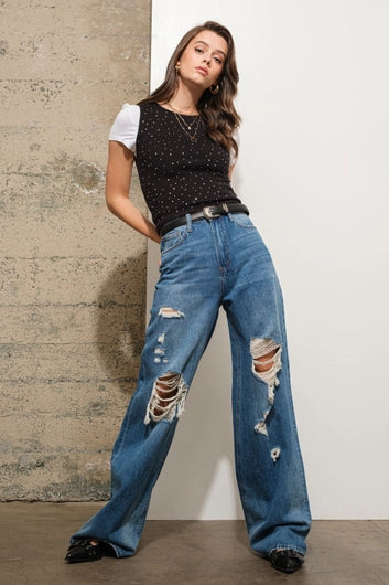 BLUE B Round Neck Fitted Crop Rhinestone Studded Holfix Sweate