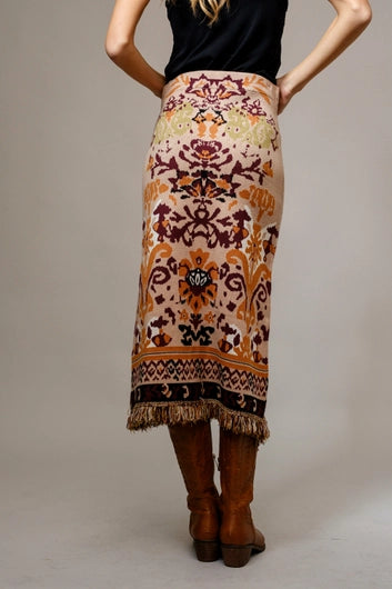 BLUE B Ethnic Knit Fringe Midi Skirt