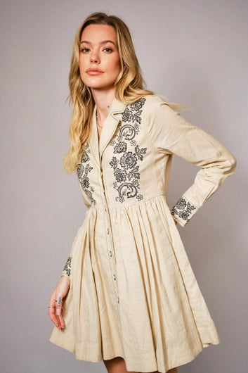 BLUE B Embroidered Long Sleeve Linen Dress