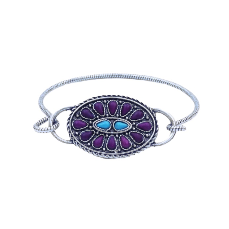 ABCO Burnished Silver Rope Wire Bracelet with Turquoise and Plum Cluster Concho Accent