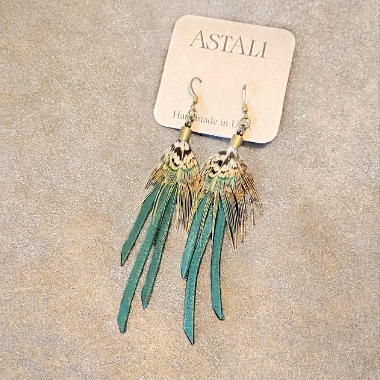 ASTALI Leather and Pheasant Feather Mini Earrings