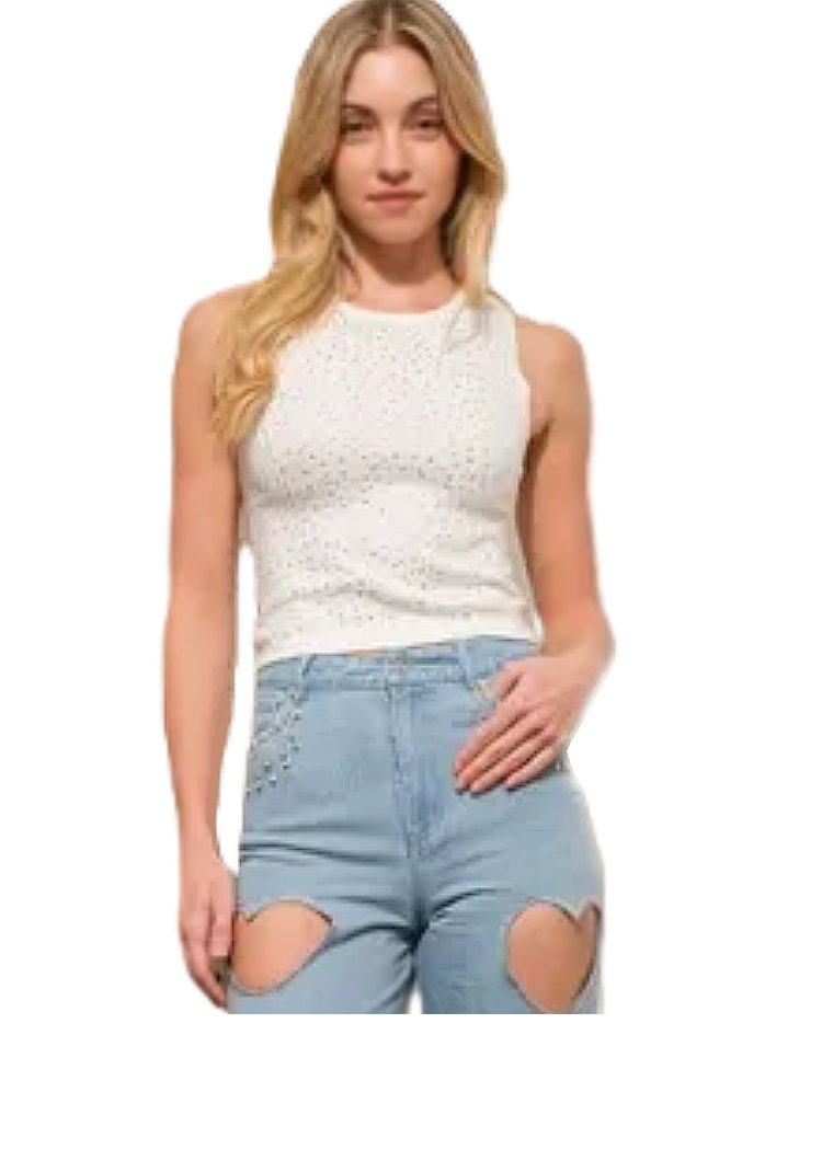 BLUE B Round Neck Fitted Crop Rhinestone Studded Holfix Sweate
