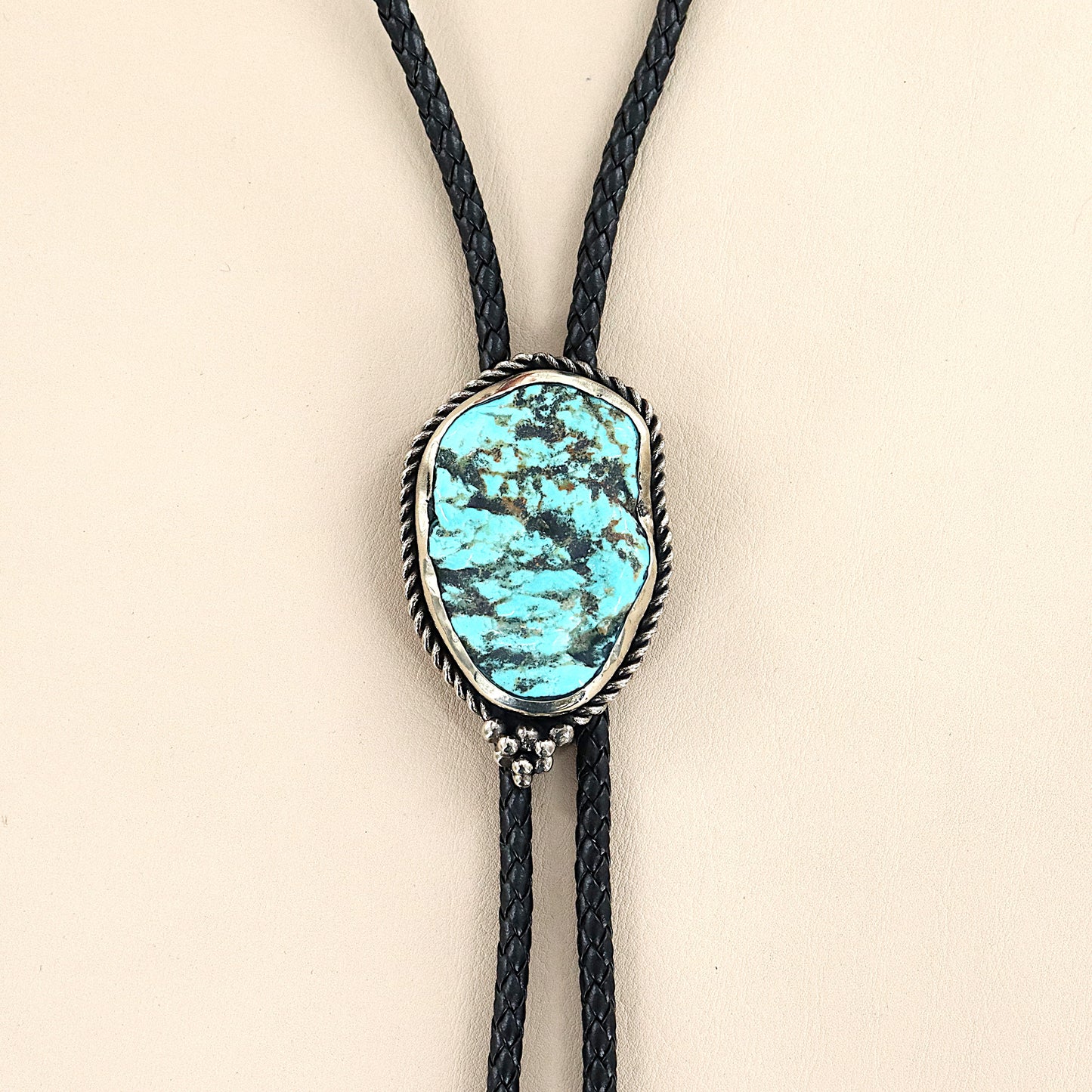 PAIGE WALLACE Turquoise Freeform Nugget German Silver Braided Leather Bolo Tie