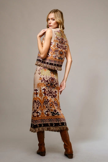 BLUE B Ethnic Knit Fringe Midi Skirt