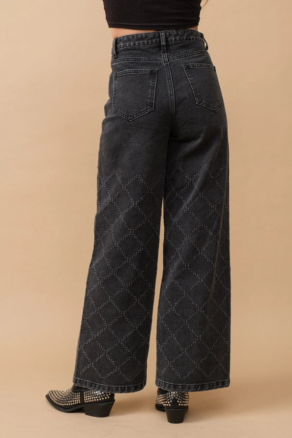 BLUE B Distressed Quilted Slash Wide Leg Mid Rise Denim Jeans