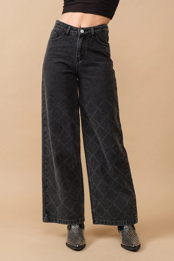 BLUE B Distressed Quilted Slash Wide Leg Mid Rise Denim Jeans
