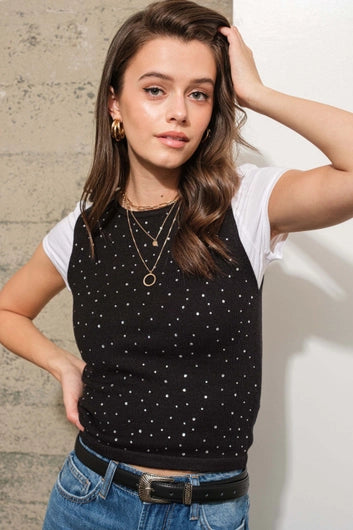 BLUE B Round Neck Fitted Crop Rhinestone Studded Holfix Sweate