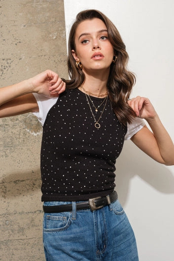 BLUE B Round Neck Fitted Crop Rhinestone Studded Holfix Sweate