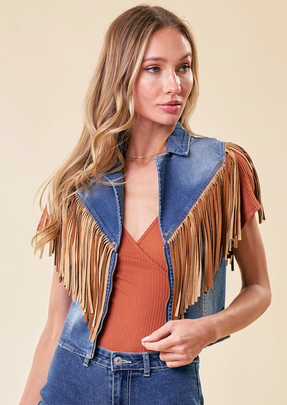 SAINTS & HEARTS Fringed Denim Motor Vest