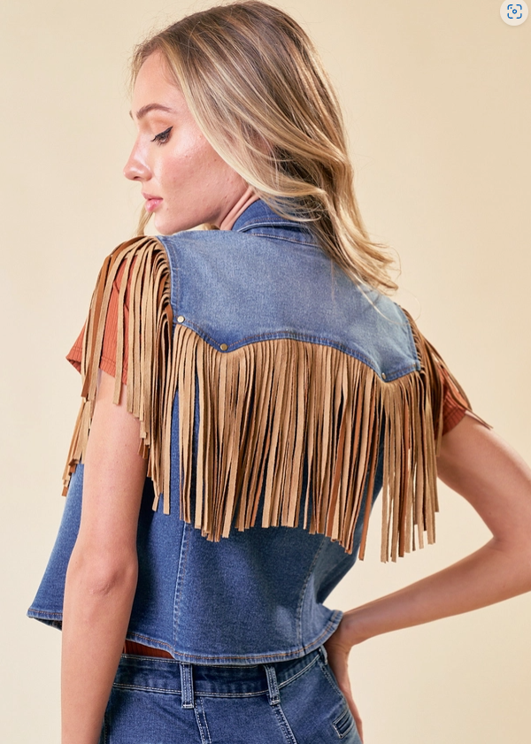 SAINTS & HEARTS Fringed Denim Motor Vest
