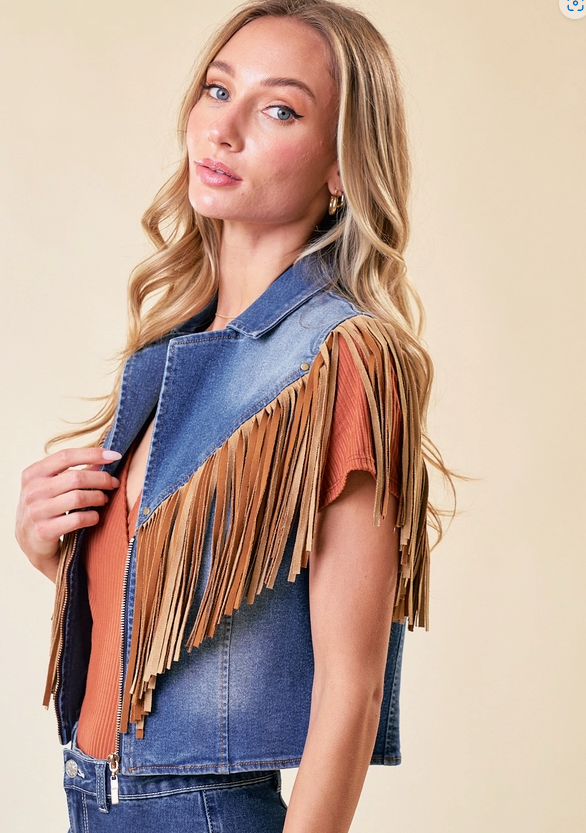 SAINTS & HEARTS Fringed Denim Motor Vest