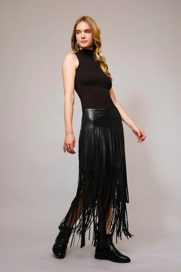 BLUE B Faux Leather Tiered Fringe Maxi Skirt