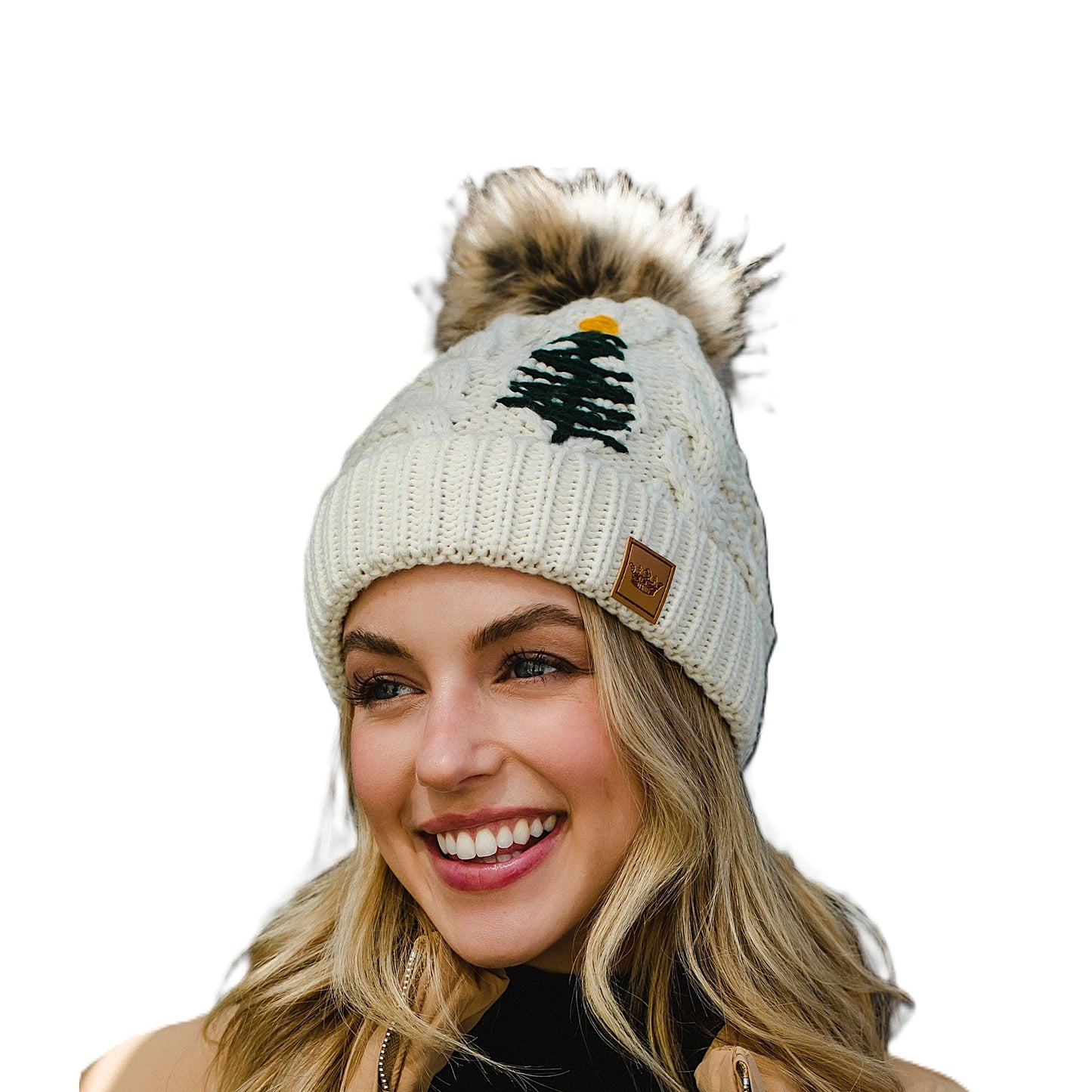 PANACHE Knit Pom Hat with Pine Embroidery