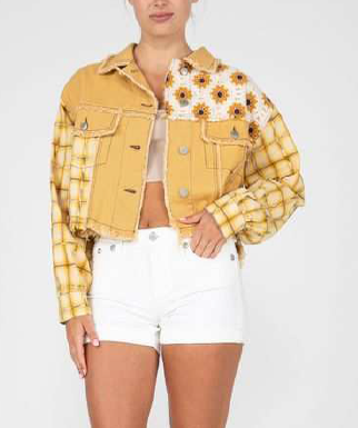 MISS ME Cropped Denim Crochet Embellished Jacket with Plaid