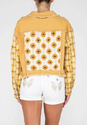MISS ME Cropped Denim Crochet Embellished Jacket with Plaid