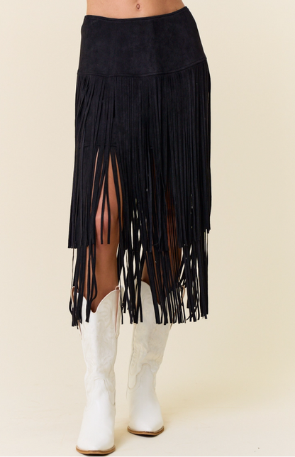 SAINTS & HEARTS Tiered Faux Suede Fringe Midi Skirt