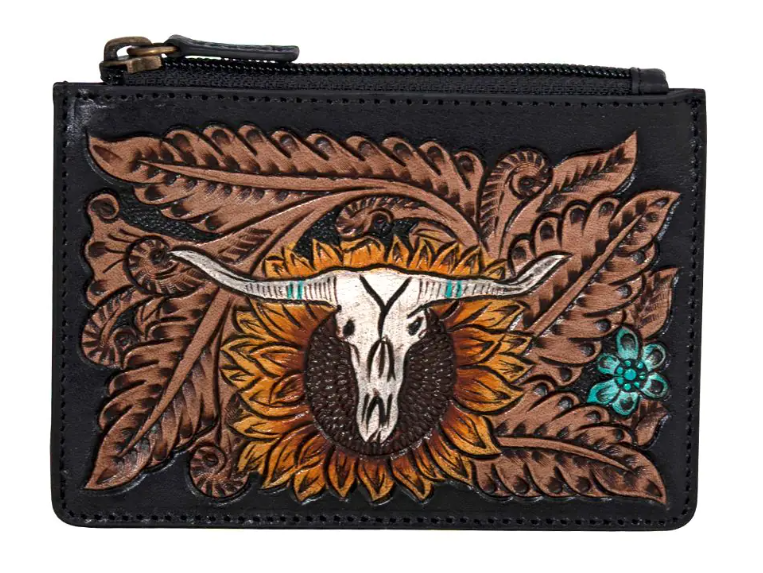 ABCO Longhorn Flower Mini Hand-Tooled Card Holder