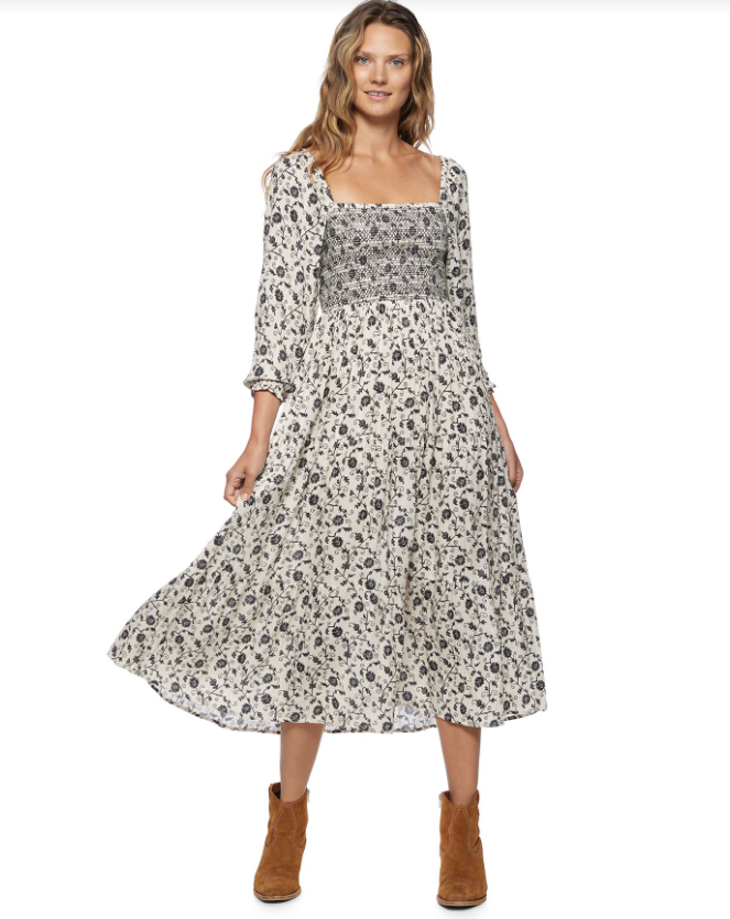 FLAG & ANTHEM Nora SS Smocked Bodice Paneled Floral Midi Dress