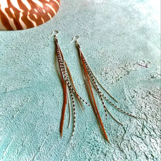 ASTALI Grizzly & Fawn Coque Feathers, Rhodium-plated Chains, Sterling Silver Earrings