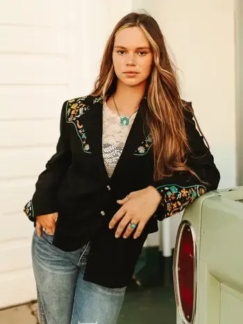 LUCKY & BLESSED Black Suede Lucky Embroidered Sleeve/Yoke Blazer