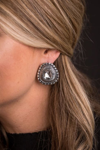 ABCO Rhinestone Concho Post Earrings with Burnish Silver Stamped Border
