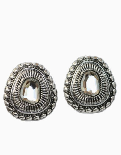 ABCO Rhinestone Concho Post Earrings with Burnish Silver Stamped Border