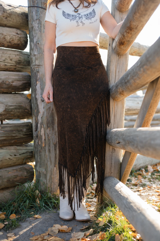 RHONDA STARK Asymmetrical Fringe Knit Skirt
