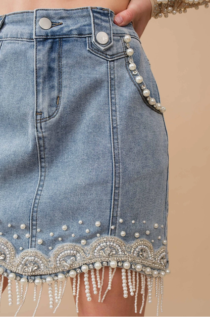BLUE B Stretch Denim Embellished Pearl Fringe Mini Skirt