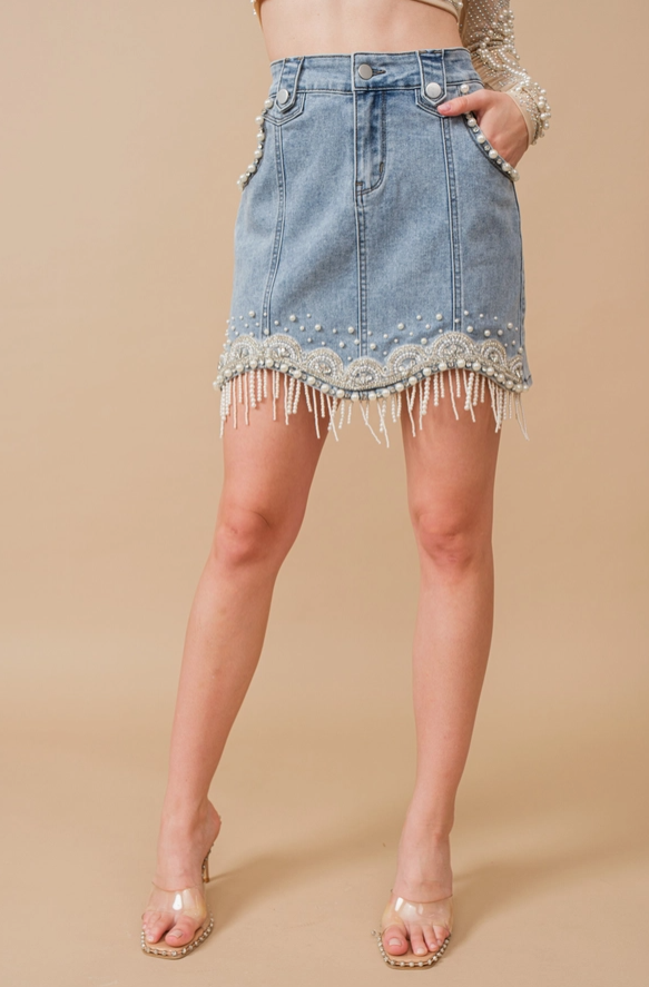 BLUE B Stretch Denim Embellished Pearl Fringe Mini Skirt