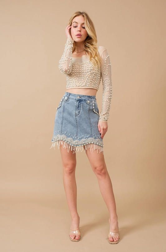 BLUE B Stretch Denim Embellished Pearl Fringe Mini Skirt