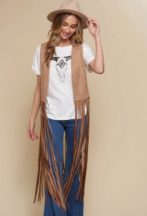 SAINTS & HEARTS Long Fringe Suede Vest