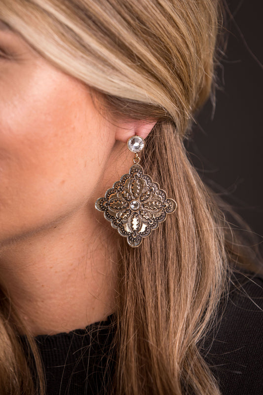 ABCO Diamond Shaped Concho Earring On Rhinestone Post