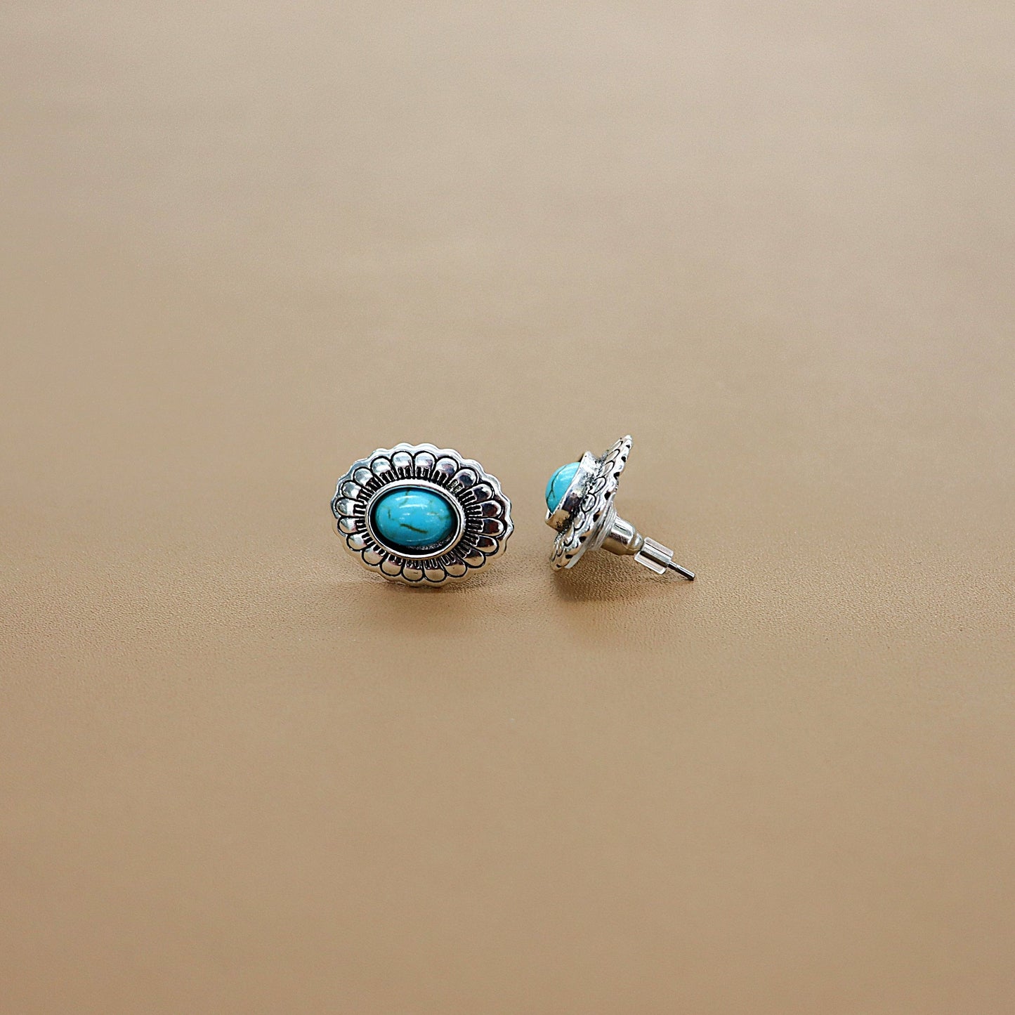ABCO Small Gold Flower Stamped Concho Post Earrings With Turquoise Accent