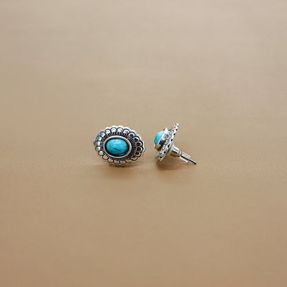 ABCO Small Gold Flower Stamped Concho Post Earrings With Turquoise Accent