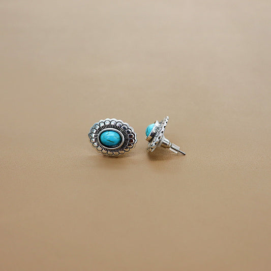 ABCO Small Gold Flower Stamped Concho Post Earrings With Turquoise Accent