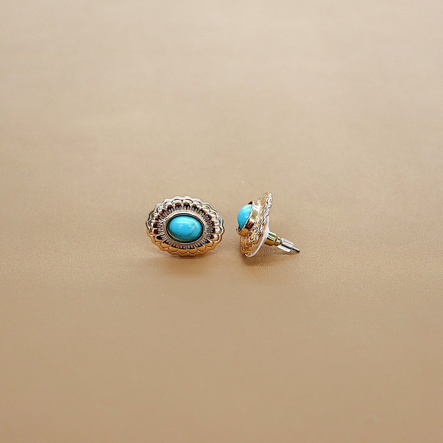 ABCO Small Gold Flower Stamped Concho Post Earrings With Turquoise Accent