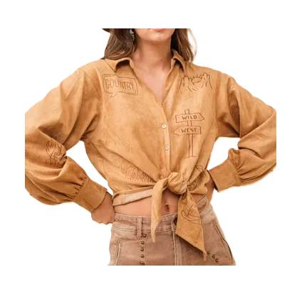 Blue B Suede Western Embroidered Tie Front Shirt