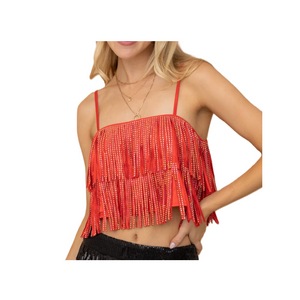 BLUE B Satin Base Studded Tiered Fringe Cami Top